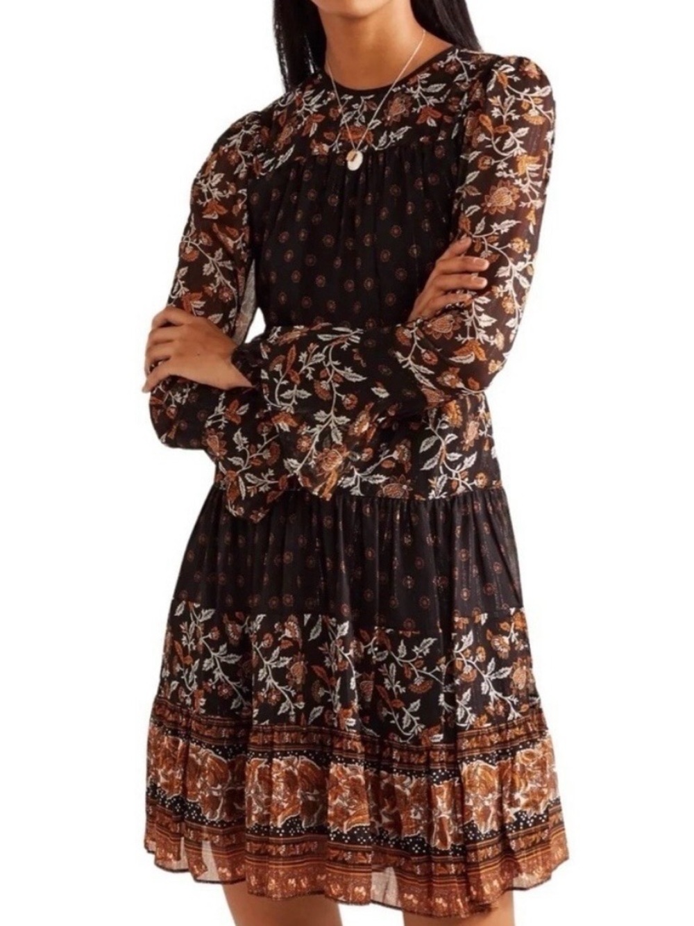 Michael Kors Black/Brown & Gold Floral Tiered Long-Sleeve Dress